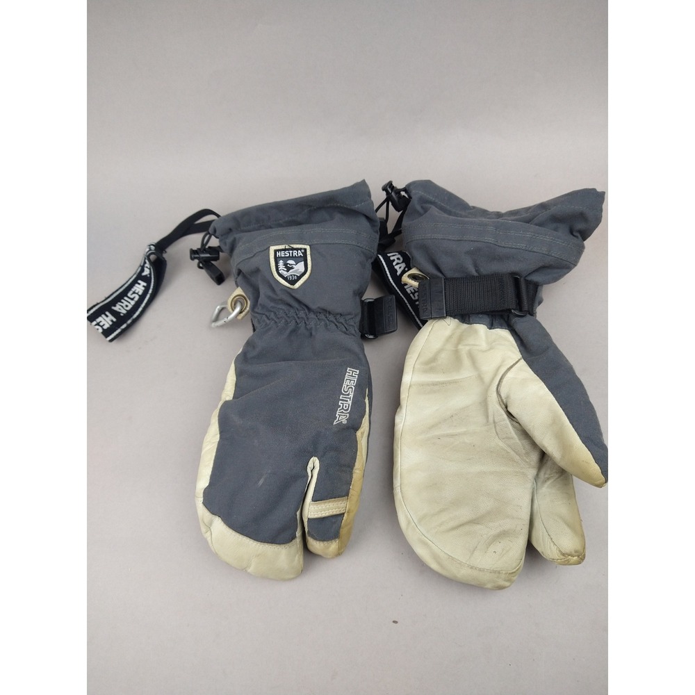 Hestra Army Goat Leather Heli Ski 3-Finger Mittens Grey Off-White Lobster Sz 8